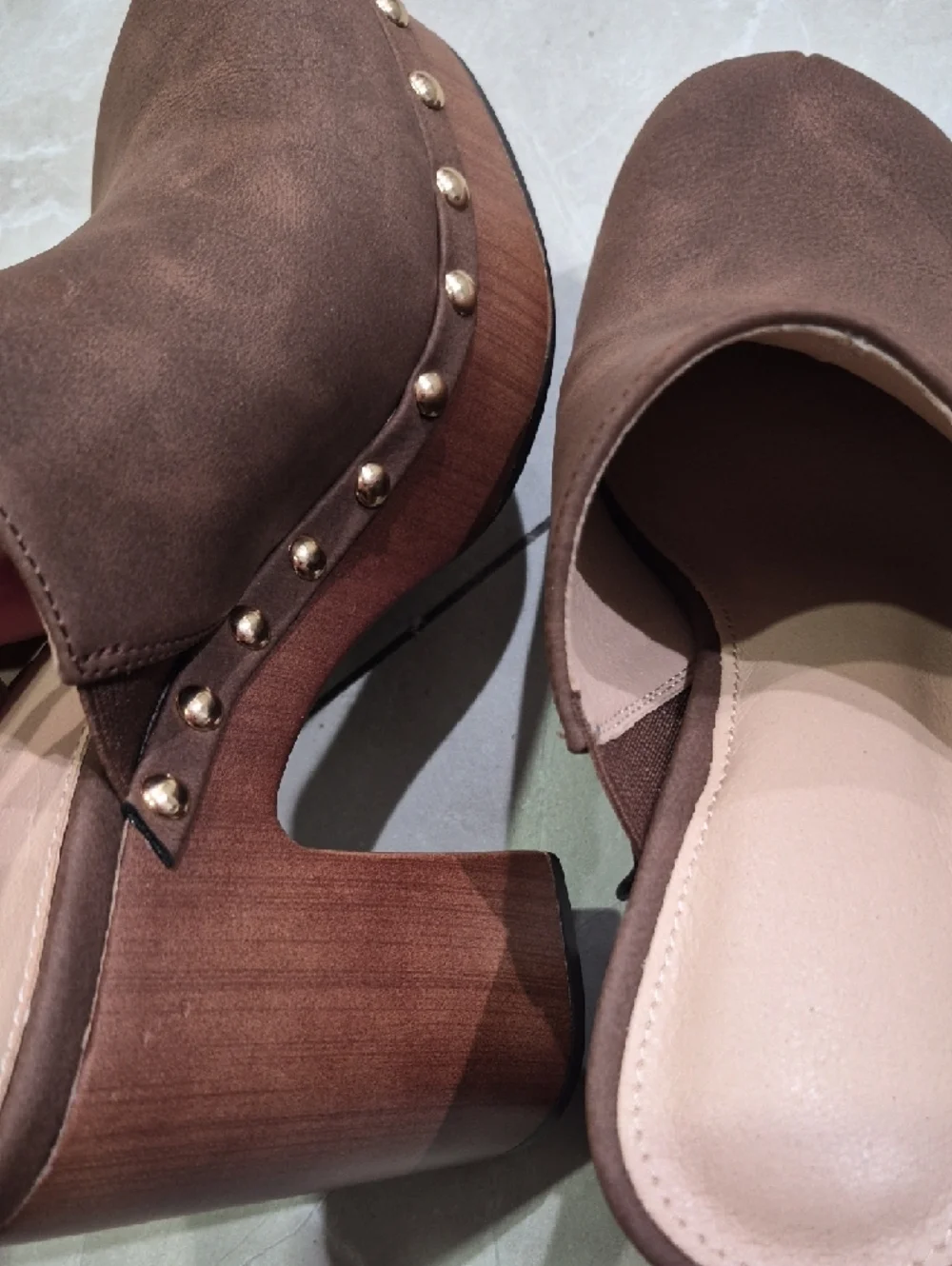Brown Studded Platform Clog Mules - Picture 8 of 9